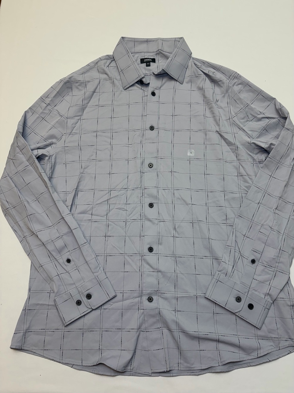 Express Men Slim Performance Dress Shirt Large Gray Windowpane Check Stretch L